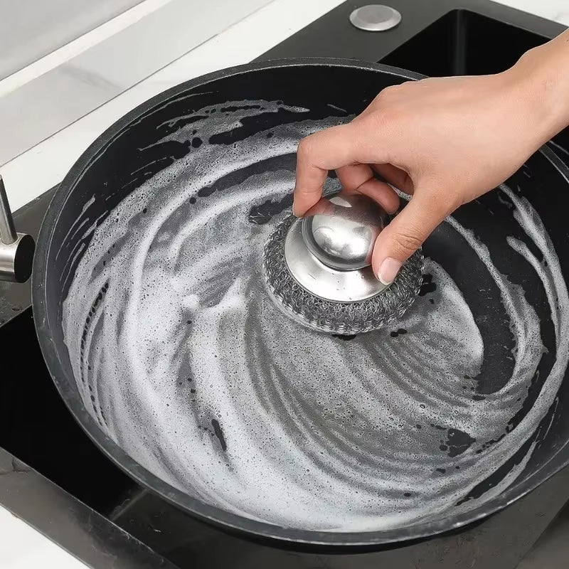5/1Pcs Kitchen Stainless Steel Pot Brush with Handles Dishwashing Wire Ball Heavy Duty Metal Scrubber Home Pot Pan Cleaning Tool