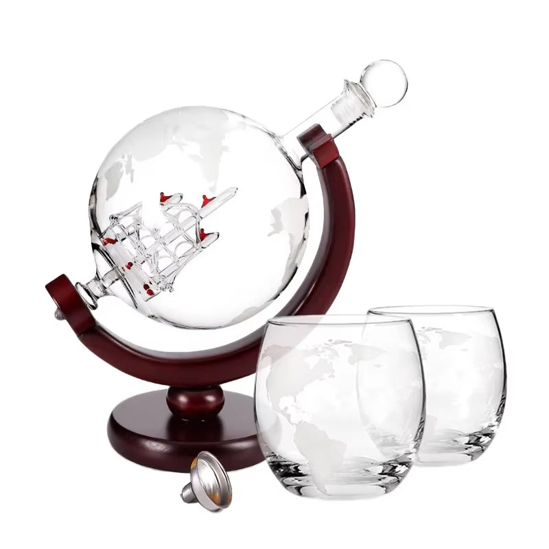 Whiskey Glass Set Crystal Globe Liquor Carafe for Whisky Vodka Sailboat in Decanter with Finished Wooden Stand Bar Tools Cup Hot