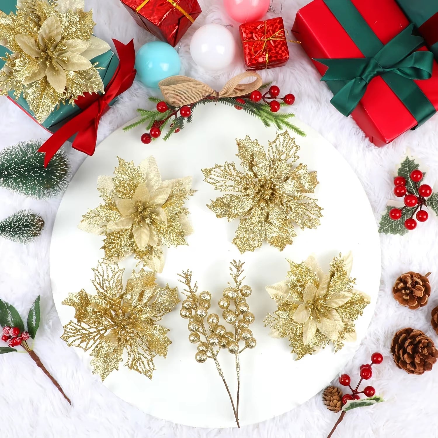 9/18Pcs Glitter Artificial Flowers Berry Bouquet Christmas Decoration Xmas Tree Pendant Ornaments for Home Decor New Year Gifts