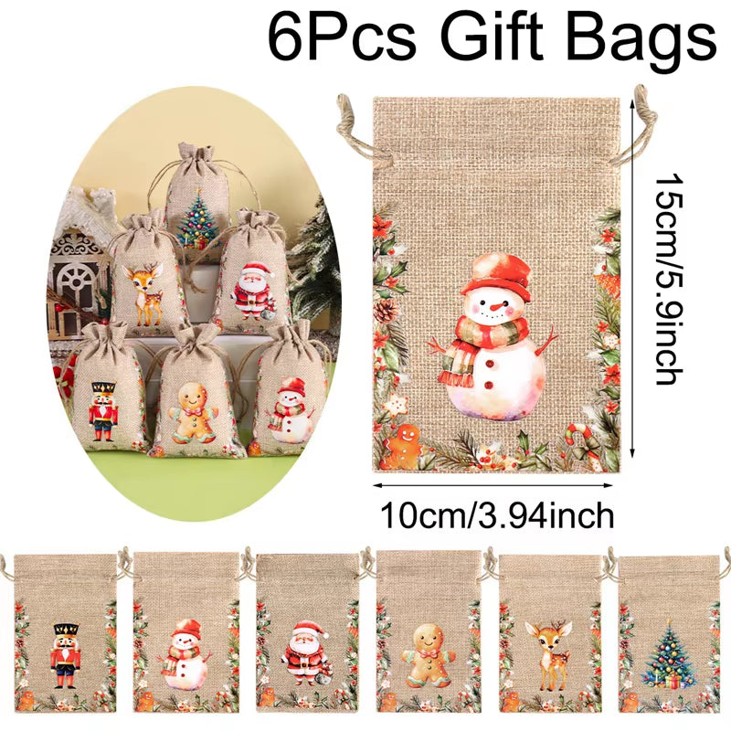 6Pc Christmas Linen Drawstring Bags Burlap Gift Bags Candy Biscuits Pouchs for Home Decor 2025 Xmas Navidad Noel Gift Packaging