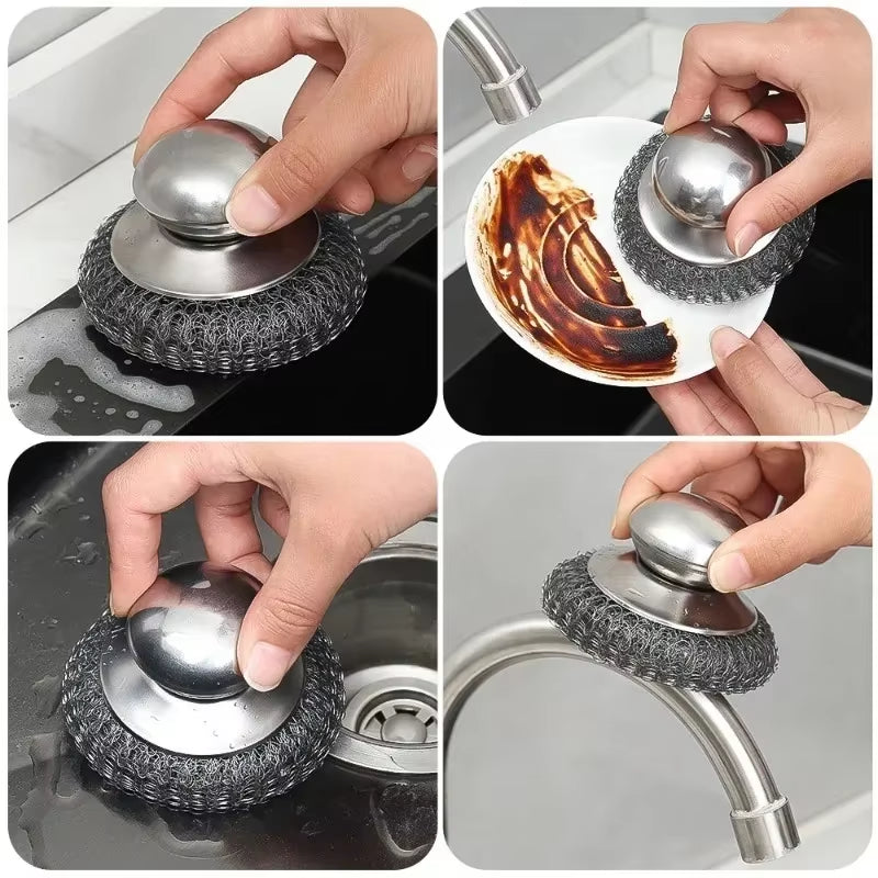 5/1Pcs Kitchen Stainless Steel Pot Brush with Handles Dishwashing Wire Ball Heavy Duty Metal Scrubber Home Pot Pan Cleaning Tool