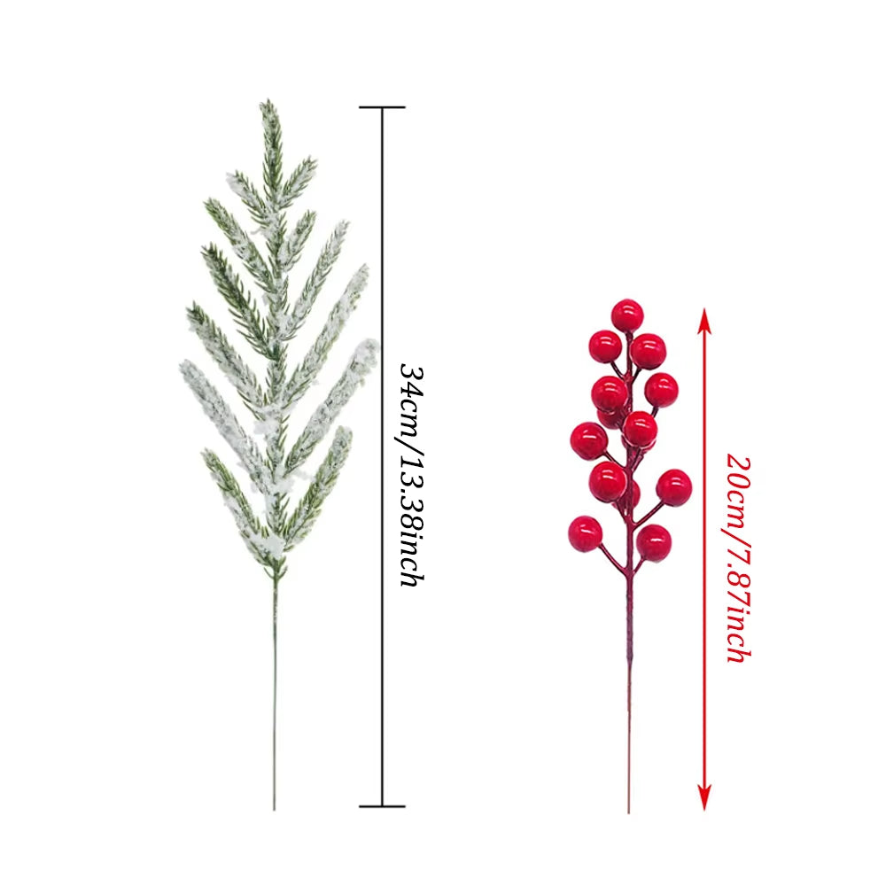 15Pcs Artificial Norfolk Pine Branches with Red Berry Stems for Xmas Tree Decorations Festival Vase DIY Garland Christmas Decor