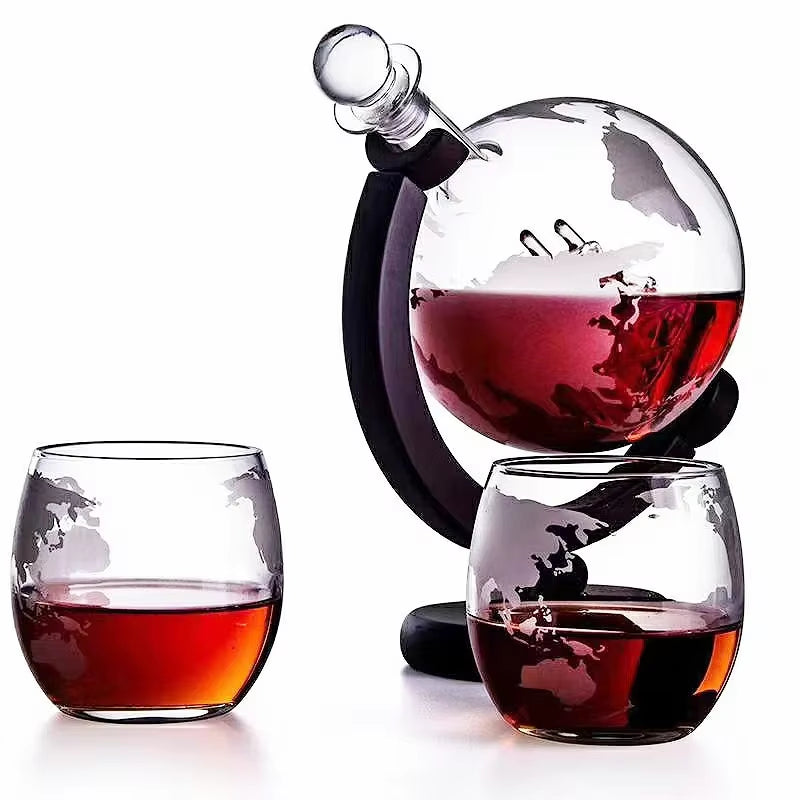 Whiskey Glass Set Crystal Globe Liquor Carafe for Whisky Vodka Sailboat in Decanter with Finished Wooden Stand Bar Tools Cup Hot