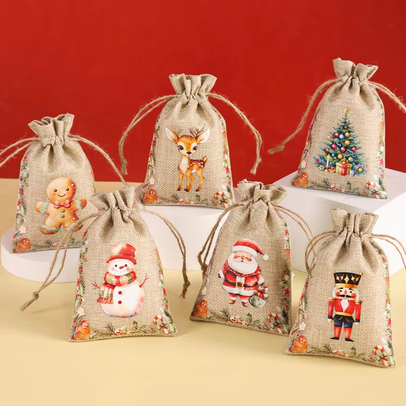 6Pc Christmas Linen Drawstring Bags Burlap Gift Bags Candy Biscuits Pouchs for Home Decor 2025 Xmas Navidad Noel Gift Packaging