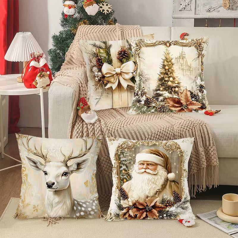 4Pcs Vintage Christmas Santa Deer Tree Bow Throw Pillow Covers Golden Holiday Decorative Pillowcases for Sofa Couch Home Decor