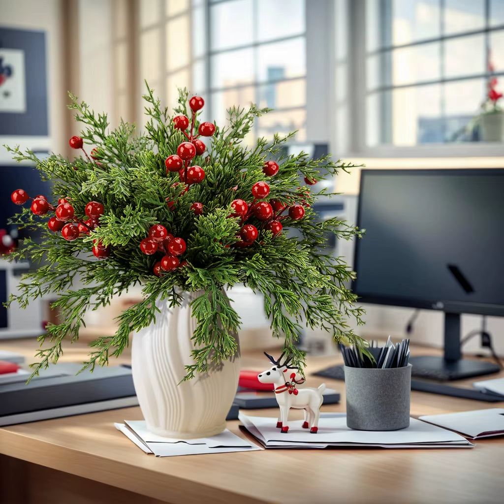 15Pcs Artificial Pine Branches with Red Berry Stems Faux Christmas Greenery Pine Cypress DIY Craft Garland Home Christmas Decor