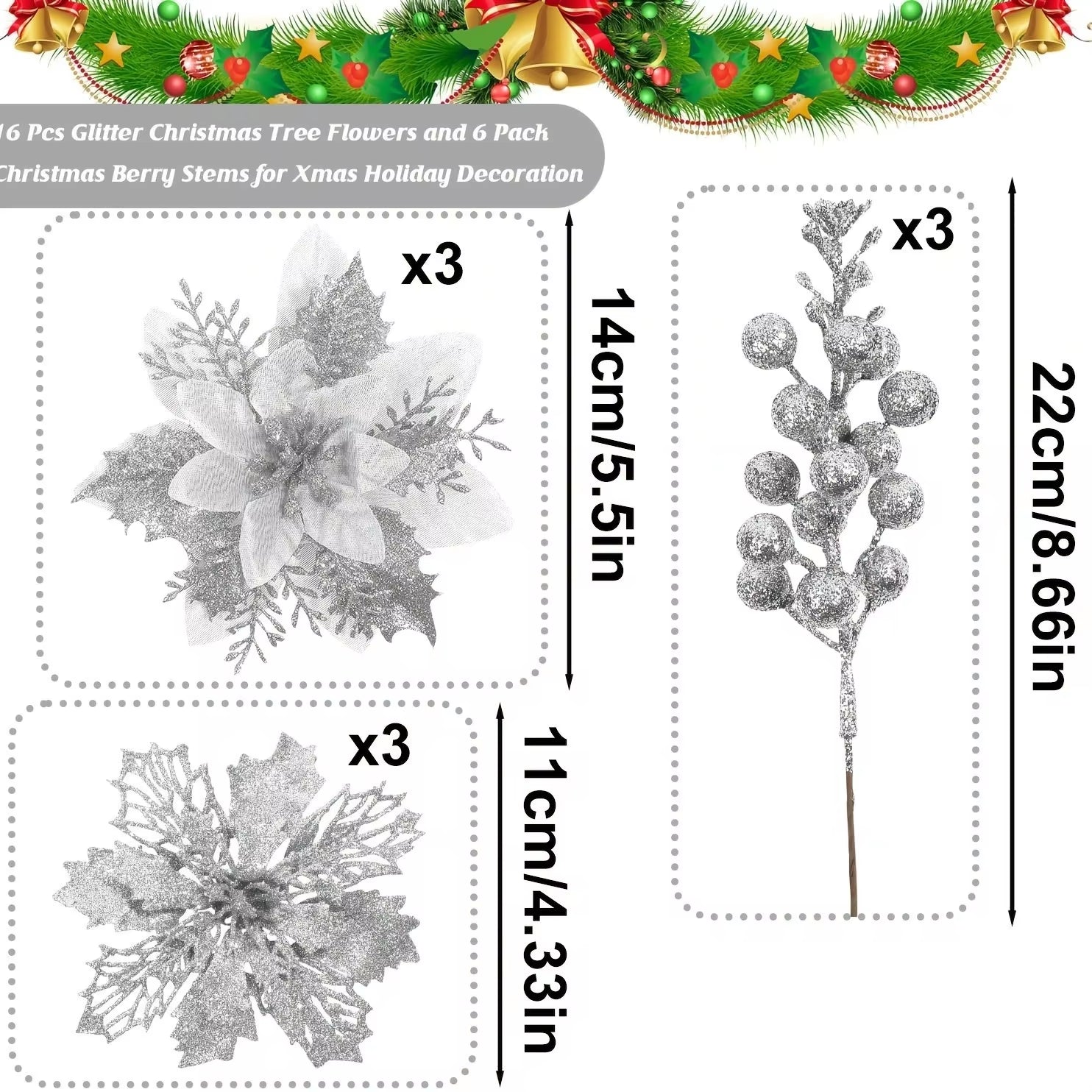 9/18Pcs Glitter Artificial Flowers Berry Bouquet Christmas Decoration Xmas Tree Pendant Ornaments for Home Decor New Year Gifts
