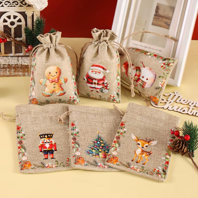 6Pc Christmas Linen Drawstring Bags Burlap Gift Bags Candy Biscuits Pouchs for Home Decor 2025 Xmas Navidad Noel Gift Packaging