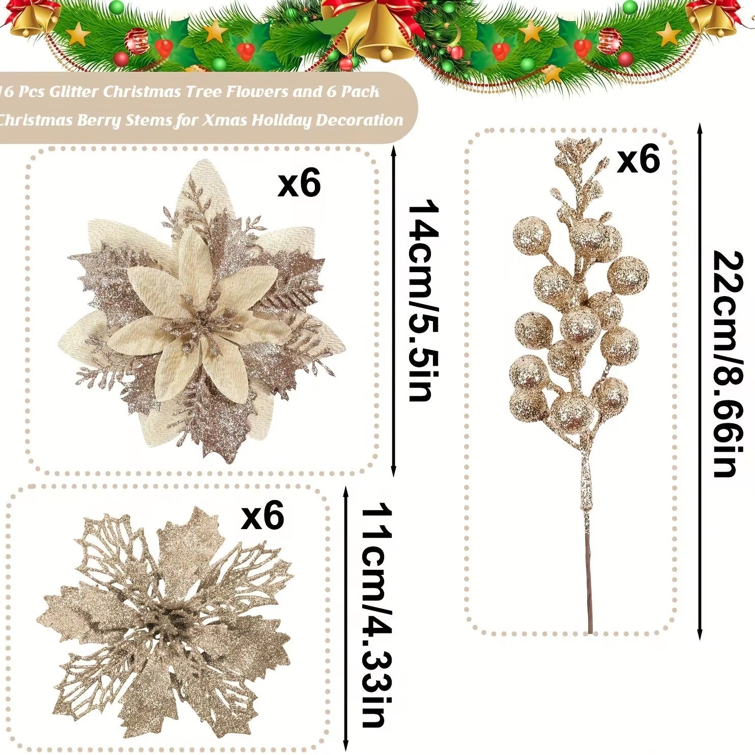 9/18Pcs Glitter Artificial Flowers Berry Bouquet Christmas Decoration Xmas Tree Pendant Ornaments for Home Decor New Year Gifts