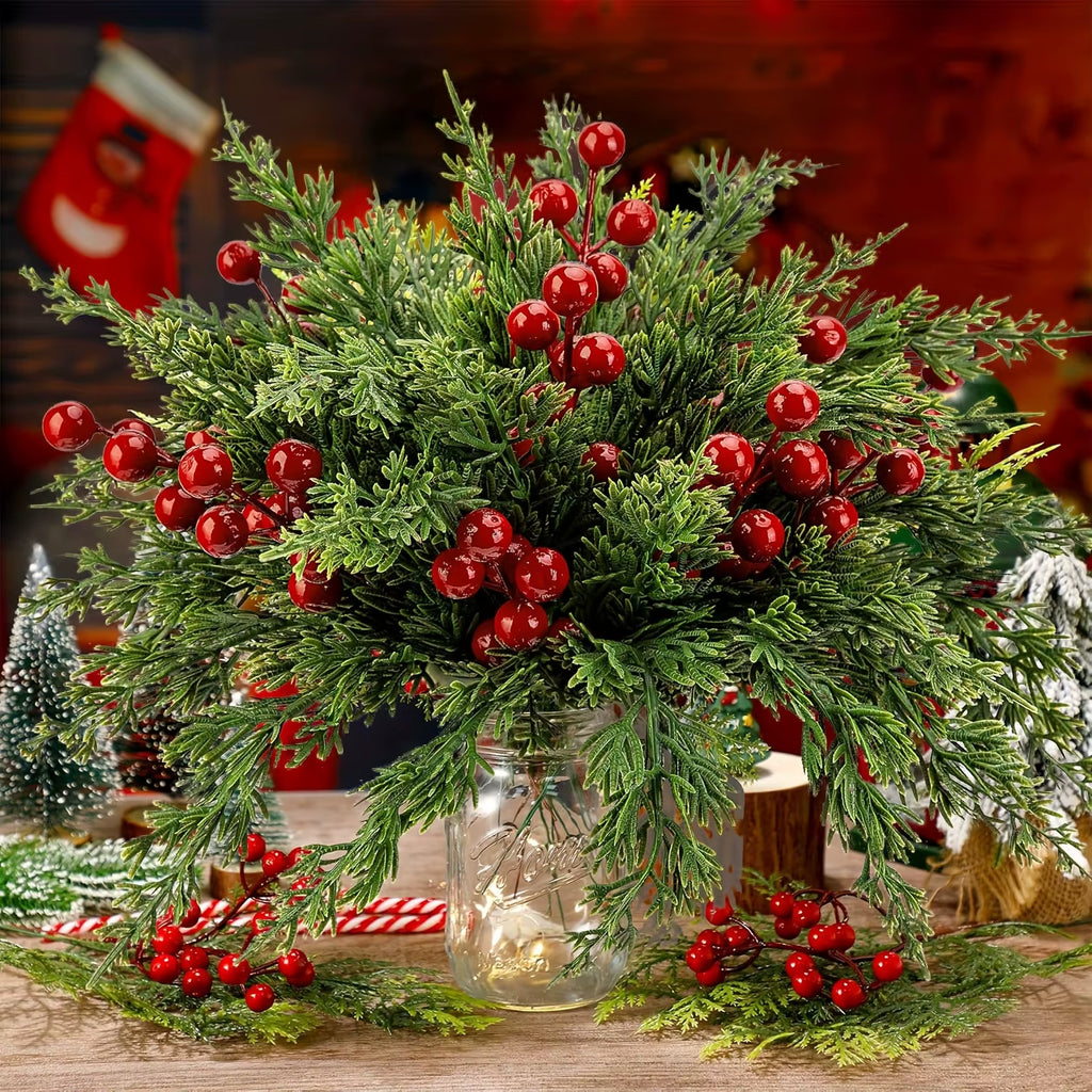 15Pcs Artificial Pine Branches with Red Berry Stems Faux Christmas Greenery Pine Cypress DIY Craft Garland Home Christmas Decor