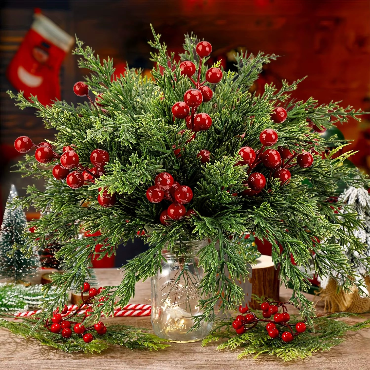 15Pcs Artificial Pine Branches with Red Berry Stems Faux Christmas Greenery Pine Cypress DIY Craft Garland Home Christmas Decor
