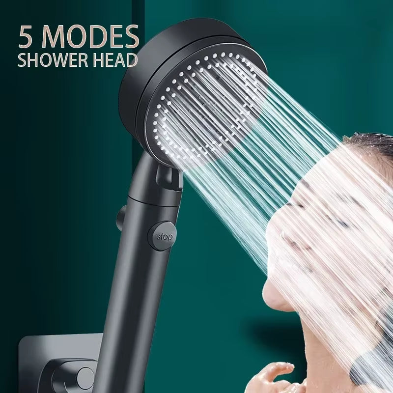 5 Modes High Pressure Shower Head Adjustable Showerheads with Hose Water Saving One-Key Stop Spray Nozzle Bathroom Accessories