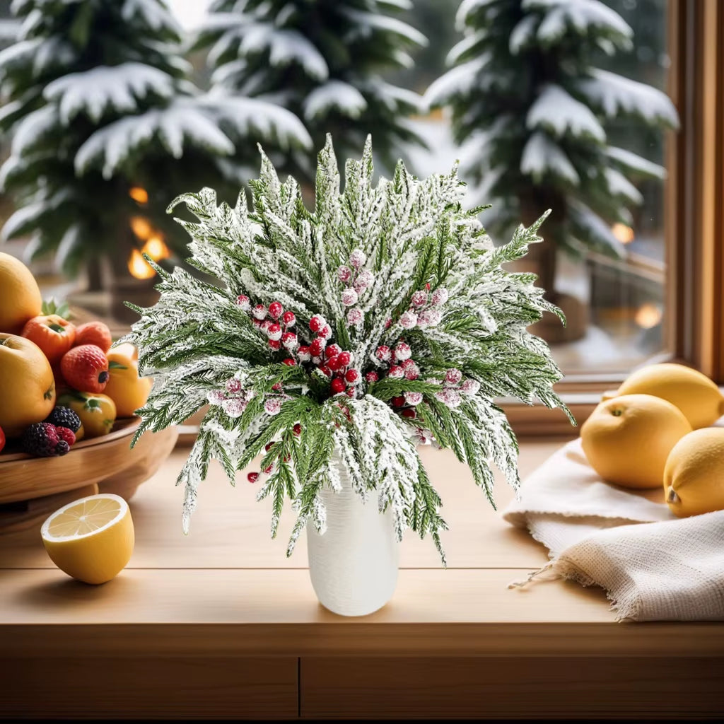 15Pcs Artificial Norfolk Pine Branches with Red Berry Stems for Xmas Tree Decorations Festival Vase DIY Garland Christmas Decor