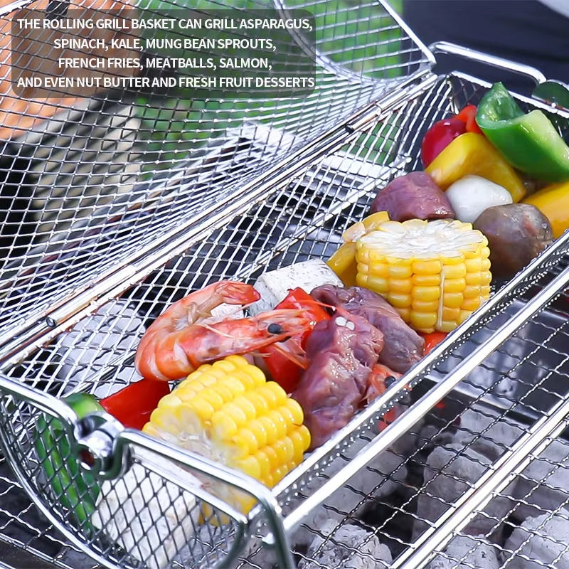 Stainless Steel Rolling BBQ Grill Mesh Basket Grill Rotisserie Basket Roll Barbecue Cage Roaster
