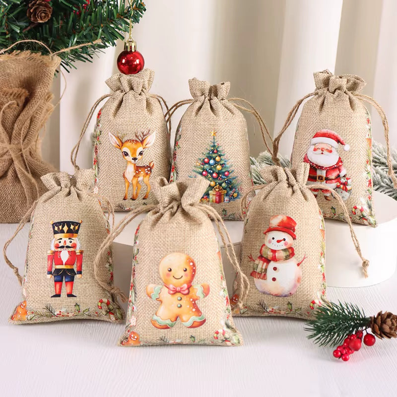 6Pc Christmas Linen Drawstring Bags Burlap Gift Bags Candy Biscuits Pouchs for Home Decor 2025 Xmas Navidad Noel Gift Packaging