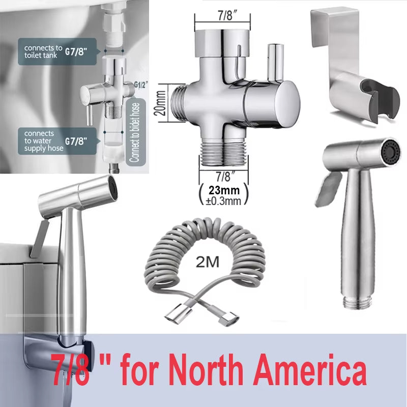Handheld Bidet Toilet Sprayer Kit Stainless Steel Spray Gun with 3 Way Valve，Bellows Used for Personal Hygiene and Pet Bathing