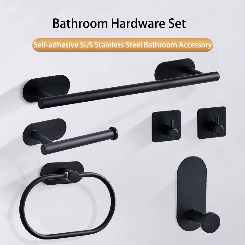 No Drilling Stainless Steel Towel Bar Paper Holder Self-Adhesive Towel Ring Robe Hook Matte Black Silver Bathroom Accessory Set