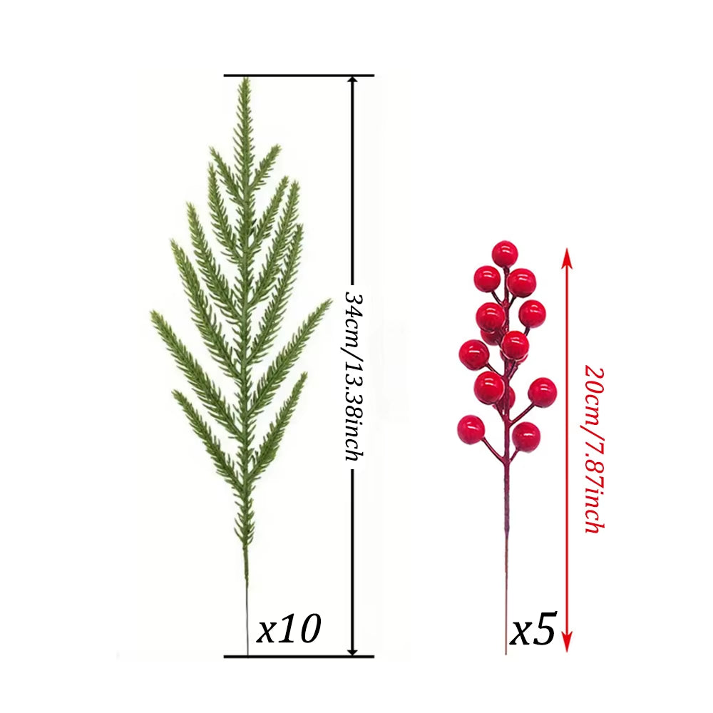 15Pcs Artificial Norfolk Pine Branches with Red Berry Stems for Xmas Tree Decorations Festival Vase DIY Garland Christmas Decor