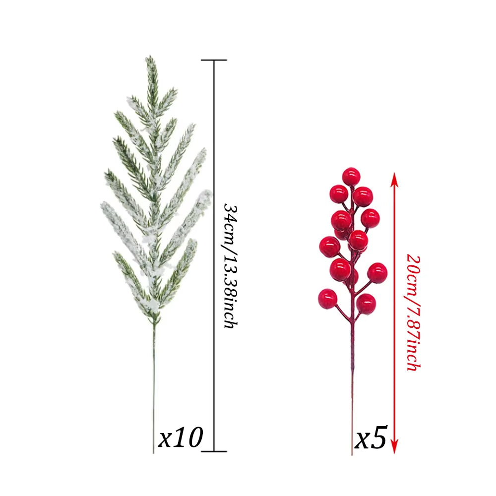 15Pcs Artificial Norfolk Pine Branches with Red Berry Stems for Xmas Tree Decorations Festival Vase DIY Garland Christmas Decor