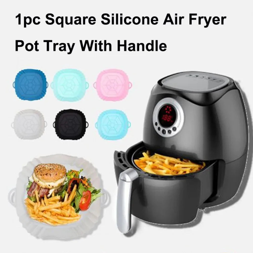 1Pc Silicone Air Fryer Pot Tray with Handle, Square Air Fryer Baking Pan, Reusable Air Fryer Liner for Kitchen Baking