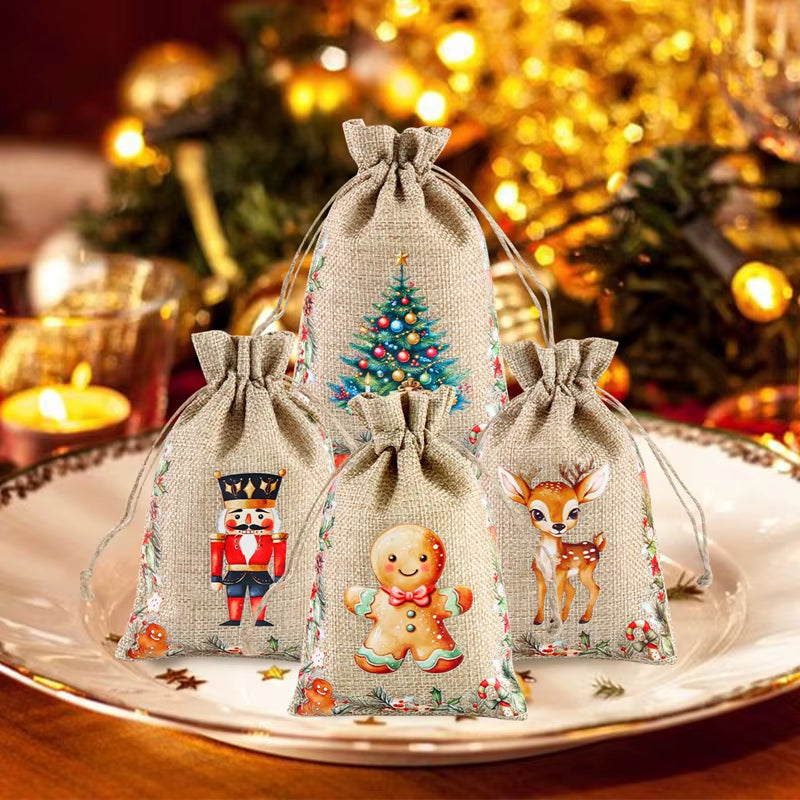 6Pc Christmas Linen Drawstring Bags Burlap Gift Bags Candy Biscuits Pouchs for Home Decor 2025 Xmas Navidad Noel Gift Packaging
