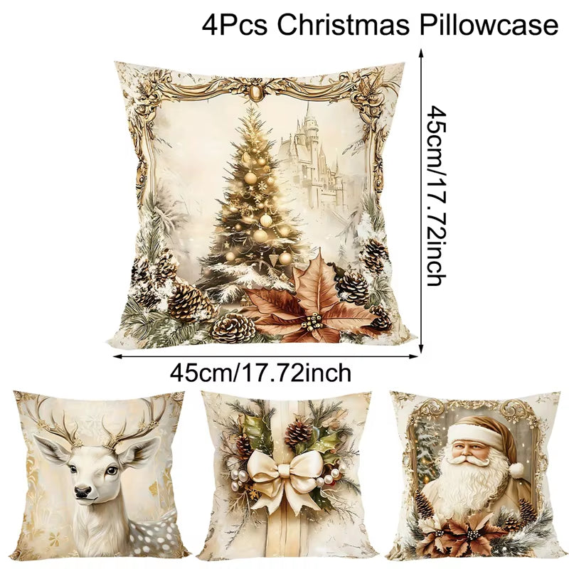 4Pcs Vintage Christmas Santa Deer Tree Bow Throw Pillow Covers Golden Holiday Decorative Pillowcases for Sofa Couch Home Decor