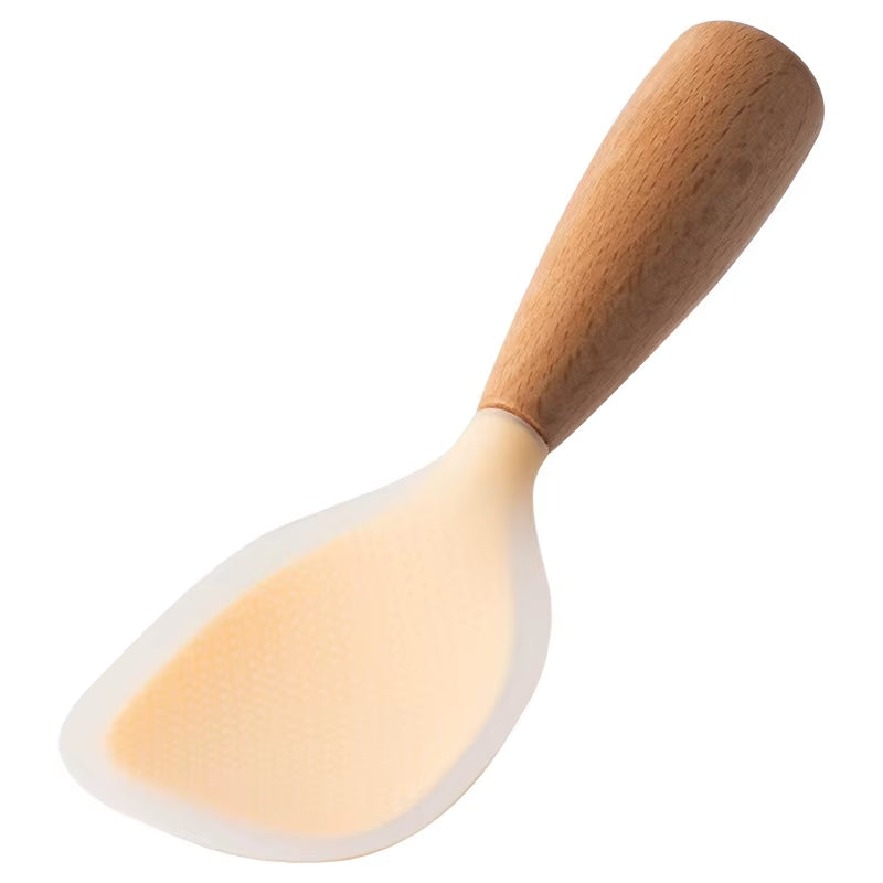 1PC Wooden Handle Silicone Rice Spoon, Household Rice Cooker, Rice Spoon, High Temperature Resistant, Non Stick Rice Spoon
