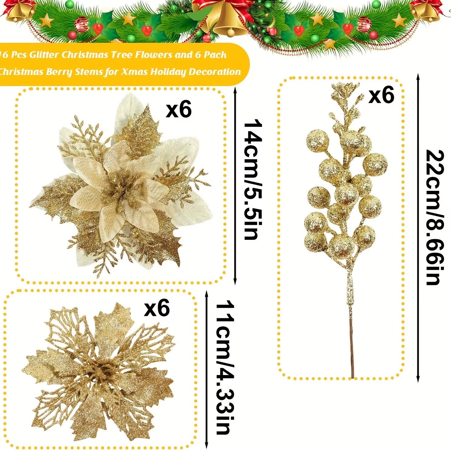 9/18Pcs Glitter Artificial Flowers Berry Bouquet Christmas Decoration Xmas Tree Pendant Ornaments for Home Decor New Year Gifts