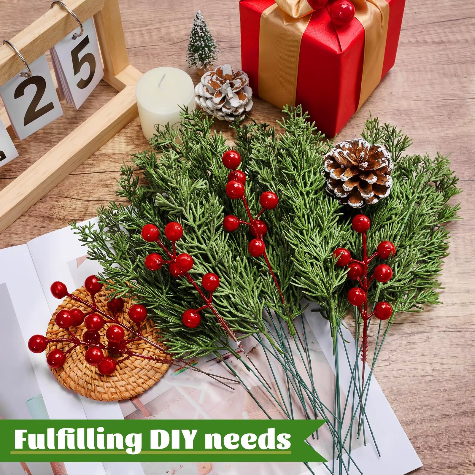 15Pcs Artificial Pine Branches with Red Berry Stems Faux Christmas Greenery Pine Cypress DIY Craft Garland Home Christmas Decor