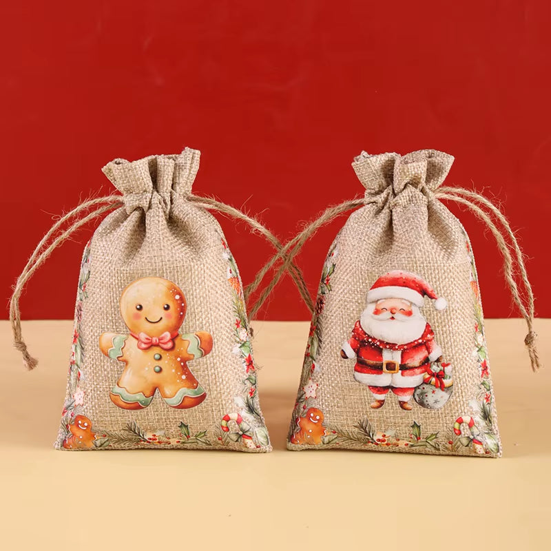 6Pc Christmas Linen Drawstring Bags Burlap Gift Bags Candy Biscuits Pouchs for Home Decor 2025 Xmas Navidad Noel Gift Packaging