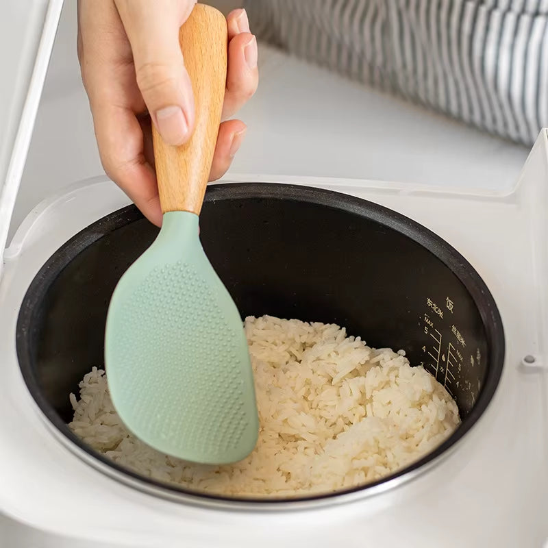 1PC Wooden Handle Silicone Rice Spoon, Household Rice Cooker, Rice Spoon, High Temperature Resistant, Non Stick Rice Spoon