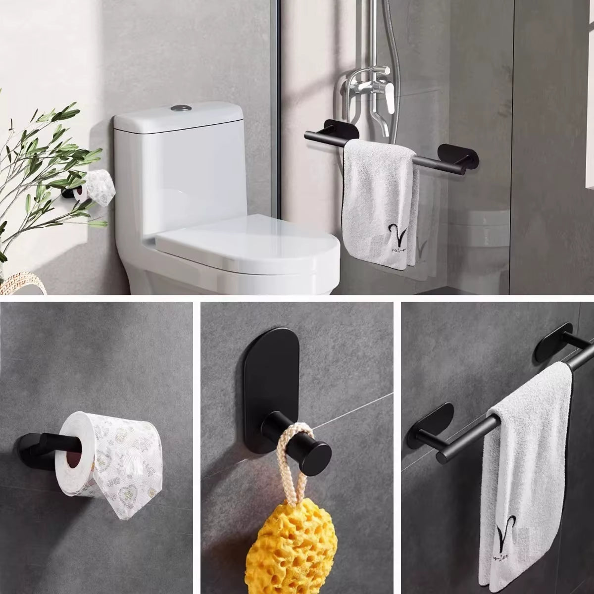 No Drilling Stainless Steel Towel Bar Paper Holder Self-Adhesive Towel Ring Robe Hook Matte Black Silver Bathroom Accessory Set