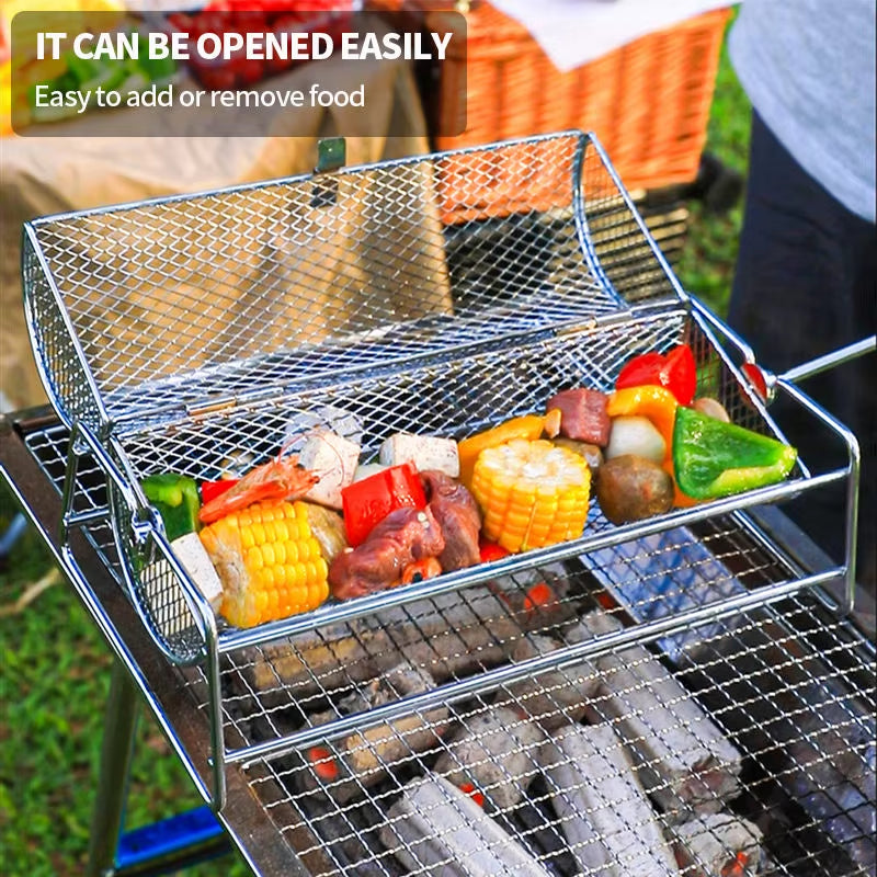 Stainless Steel Rolling BBQ Grill Mesh Basket Grill Rotisserie Basket Roll Barbecue Cage Roaster