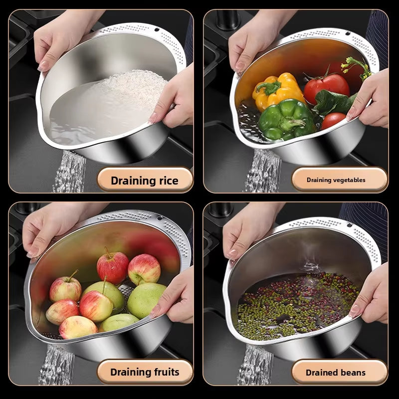 Rice Washer Strainer Bowl Stainless Steel 304 Rice Washing Bowl Rice Sieve Colander Fruit and Vegetable Strainer Kitchen Tools