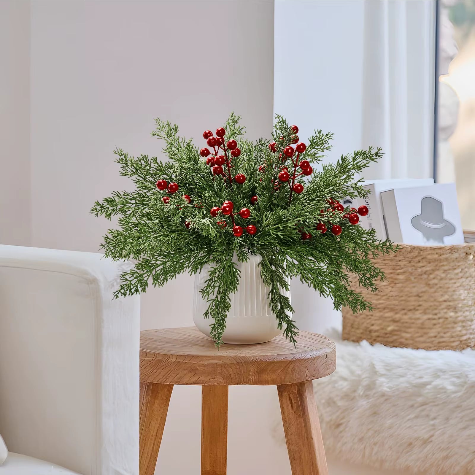 15Pcs Artificial Pine Branches with Red Berry Stems Faux Christmas Greenery Pine Cypress DIY Craft Garland Home Christmas Decor