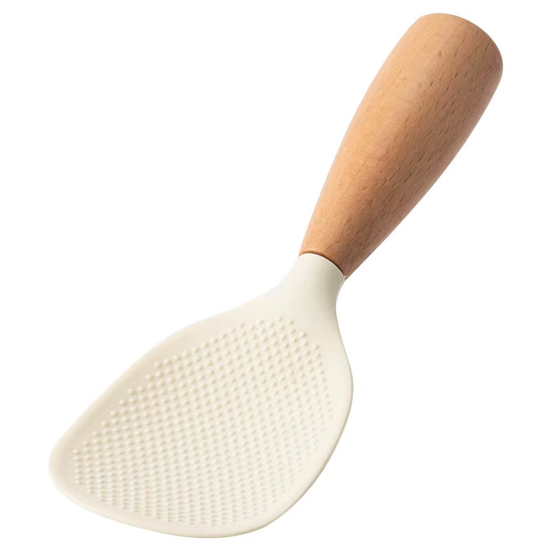 1PC Wooden Handle Silicone Rice Spoon, Household Rice Cooker, Rice Spoon, High Temperature Resistant, Non Stick Rice Spoon