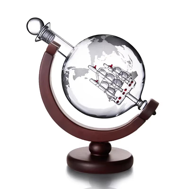 Whiskey Glass Set Crystal Globe Liquor Carafe for Whisky Vodka Sailboat in Decanter with Finished Wooden Stand Bar Tools Cup Hot