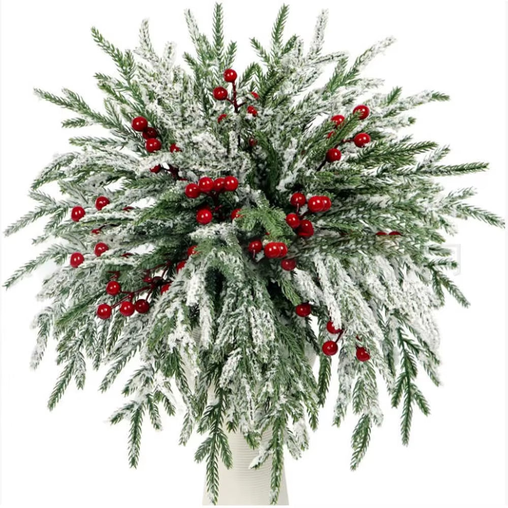 15Pcs Artificial Norfolk Pine Branches with Red Berry Stems for Xmas Tree Decorations Festival Vase DIY Garland Christmas Decor
