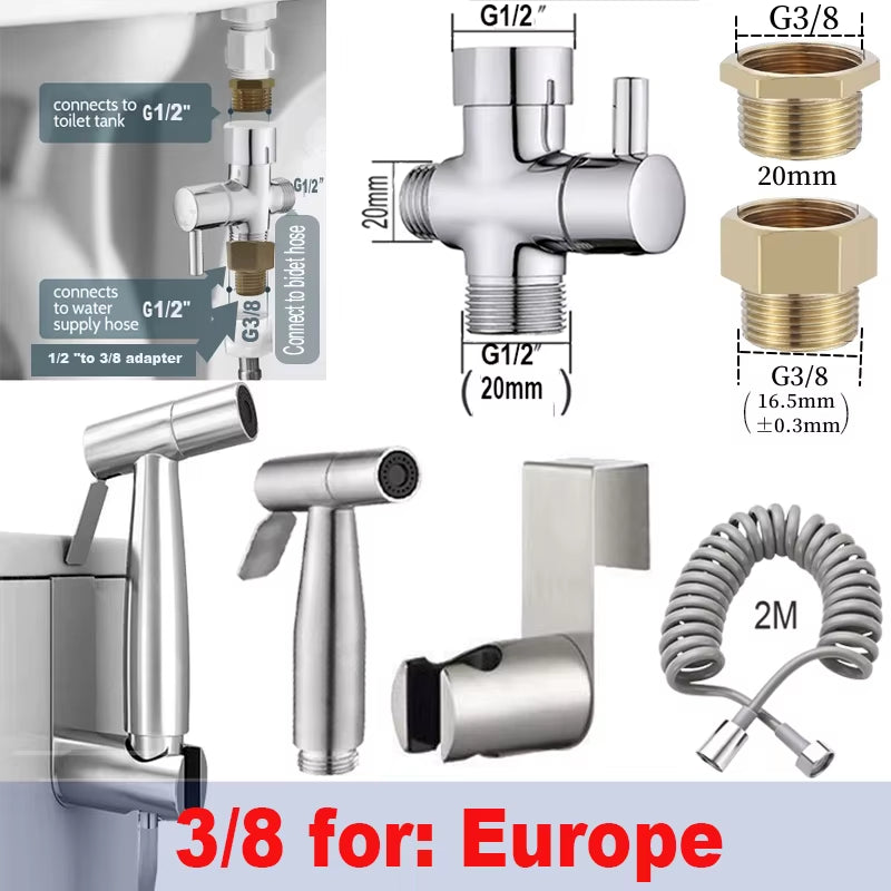 Handheld Bidet Toilet Sprayer Kit Stainless Steel Spray Gun with 3 Way Valve，Bellows Used for Personal Hygiene and Pet Bathing