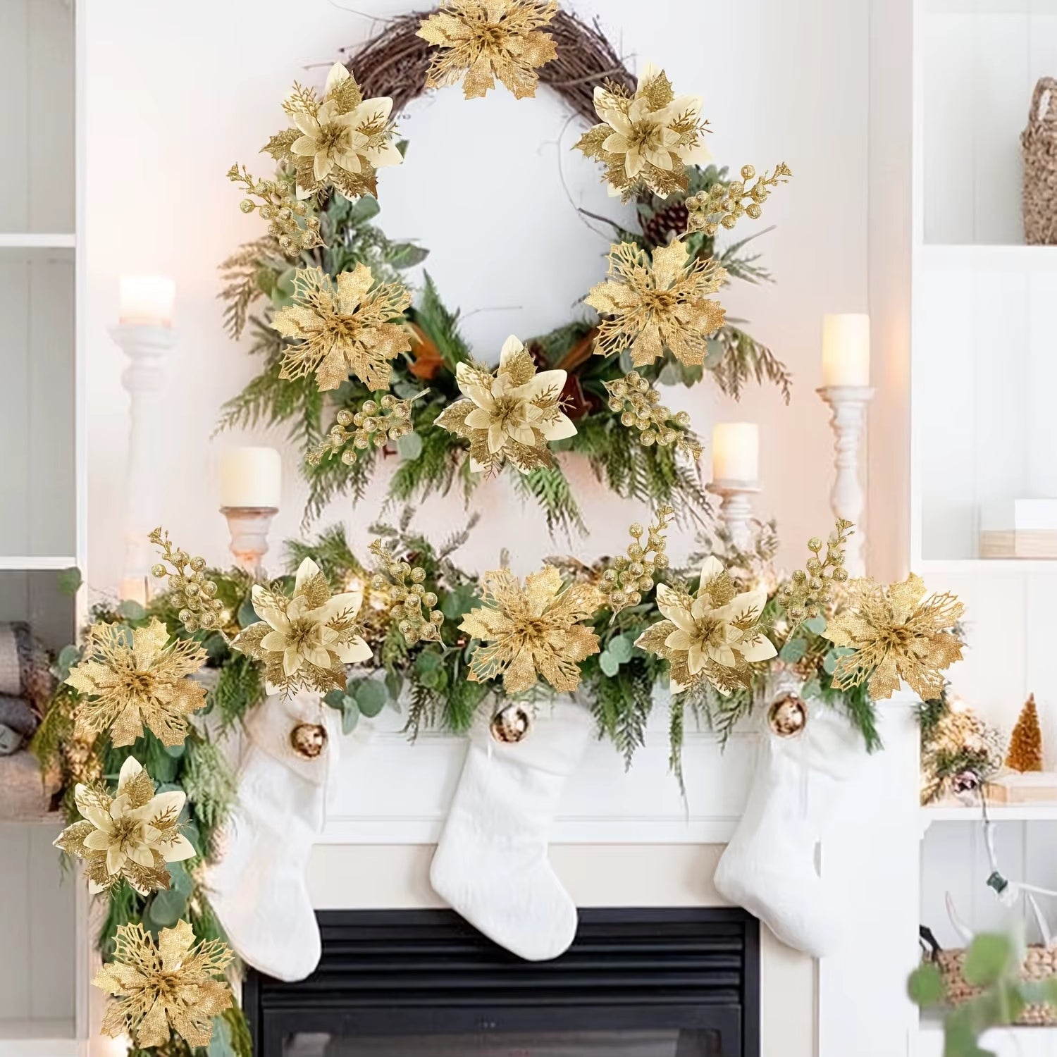 9/18Pcs Glitter Artificial Flowers Berry Bouquet Christmas Decoration Xmas Tree Pendant Ornaments for Home Decor New Year Gifts