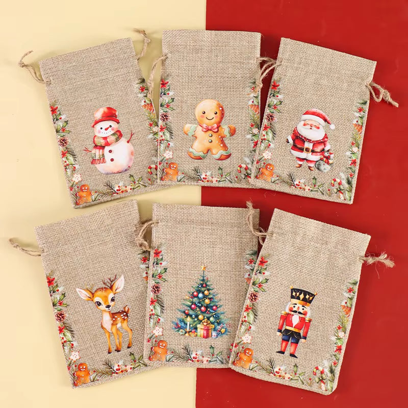 6Pc Christmas Linen Drawstring Bags Burlap Gift Bags Candy Biscuits Pouchs for Home Decor 2025 Xmas Navidad Noel Gift Packaging