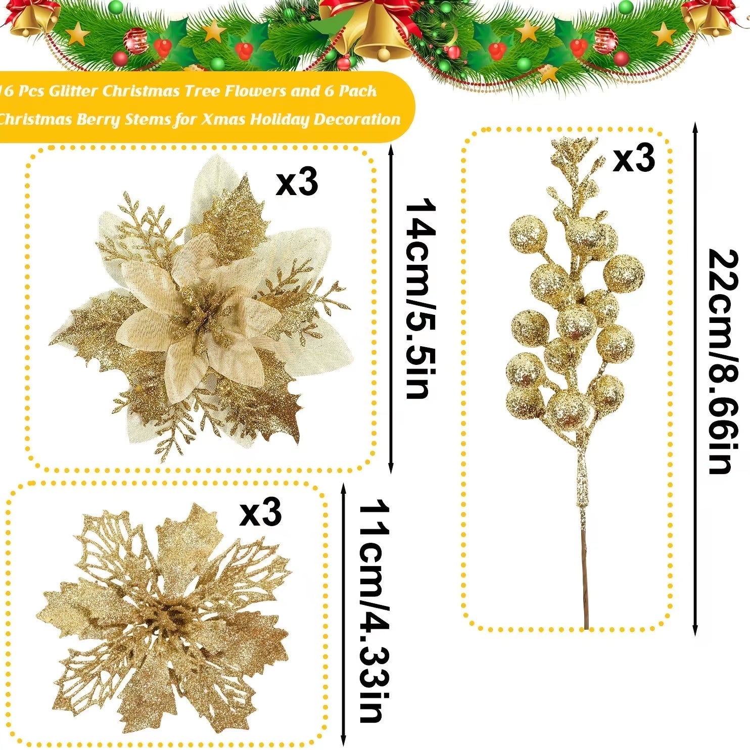 9/18Pcs Glitter Artificial Flowers Berry Bouquet Christmas Decoration Xmas Tree Pendant Ornaments for Home Decor New Year Gifts