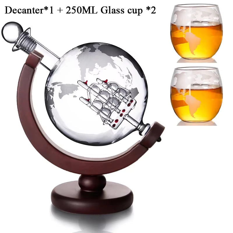 Whiskey Glass Set Crystal Globe Liquor Carafe for Whisky Vodka Sailboat in Decanter with Finished Wooden Stand Bar Tools Cup Hot