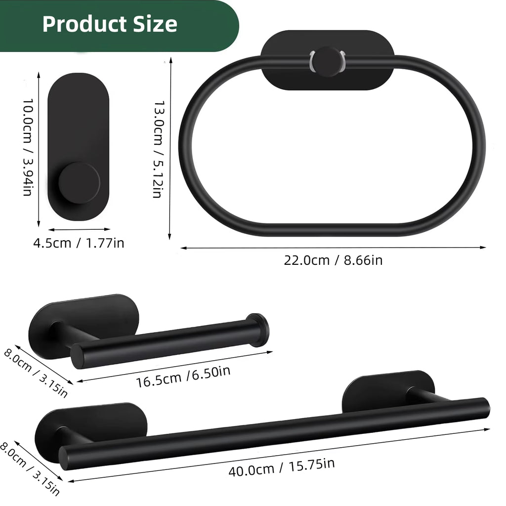 No Drilling Stainless Steel Towel Bar Paper Holder Self-Adhesive Towel Ring Robe Hook Matte Black Silver Bathroom Accessory Set