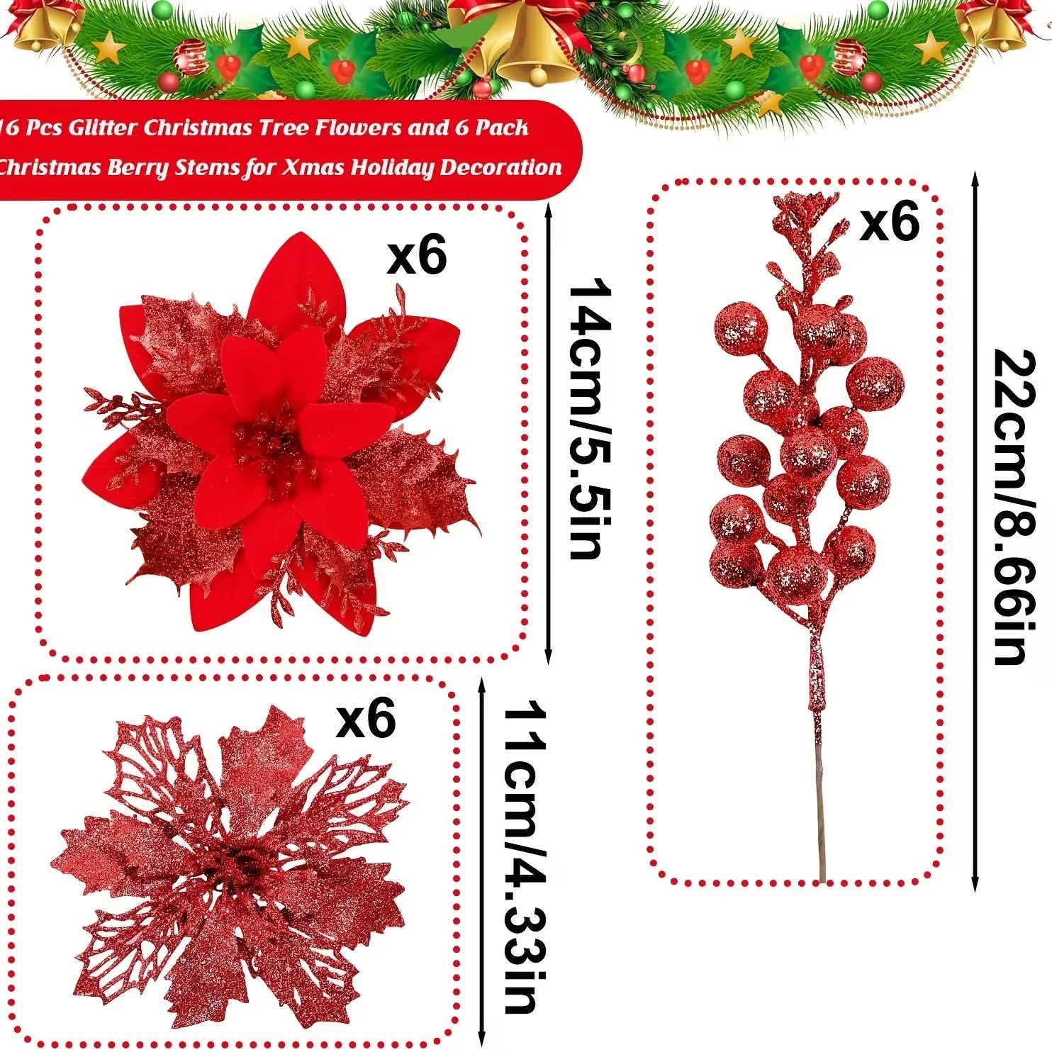 9/18Pcs Glitter Artificial Flowers Berry Bouquet Christmas Decoration Xmas Tree Pendant Ornaments for Home Decor New Year Gifts
